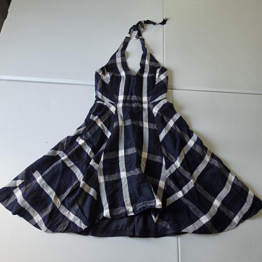 Eva Franco Dress Womens 0 Blue Plaid Linen Halter Fit & Flare Sundress Summer